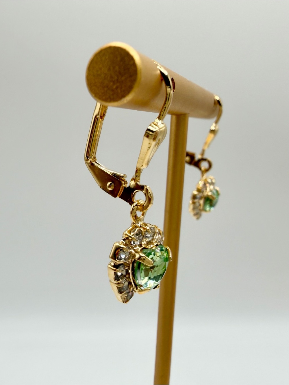 Gold Plated Heart Drop Earrings with Peridot Green Crystal Center - Picture 4 of 6